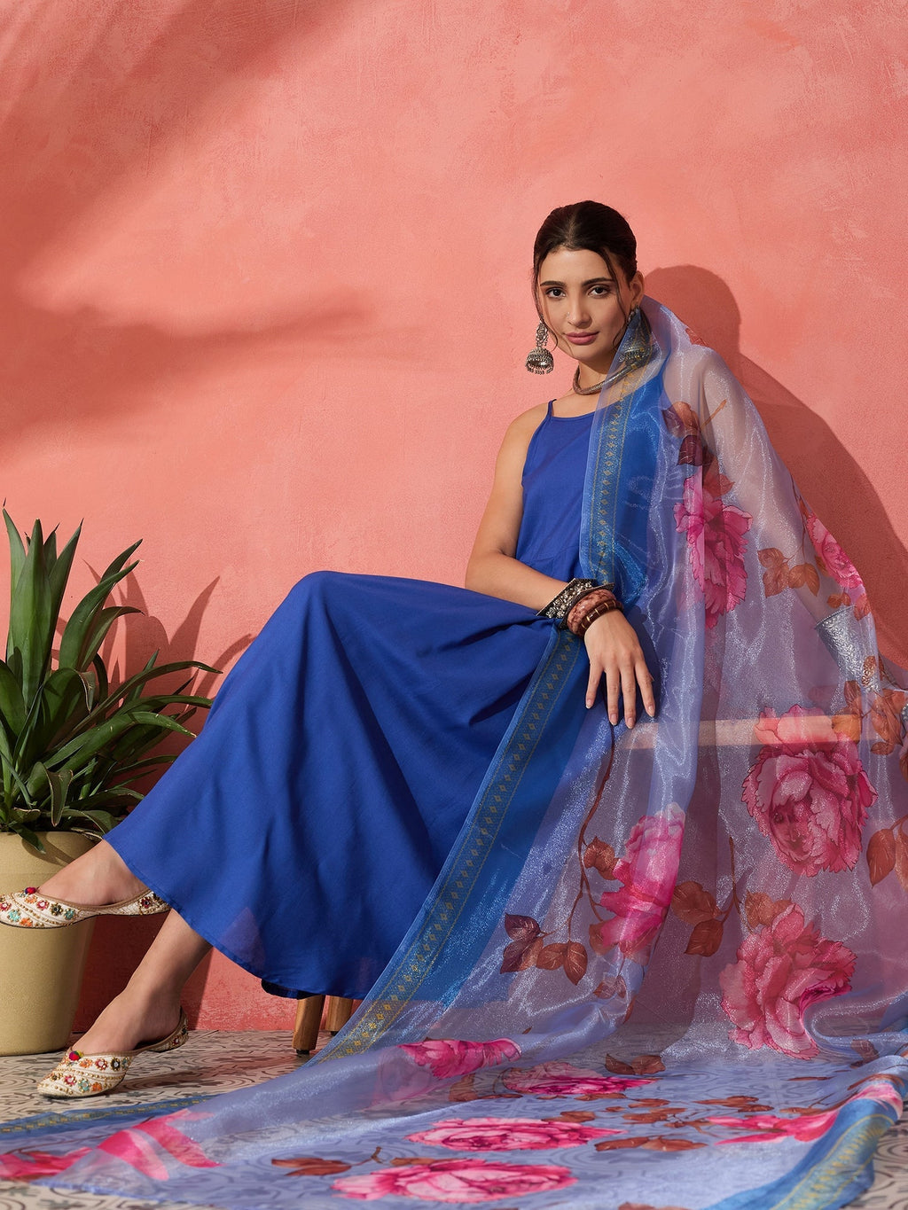 InWeave Strappy Ink Blue With Blue Fuchsia Floral Organza Dupatta Set | Grocsy