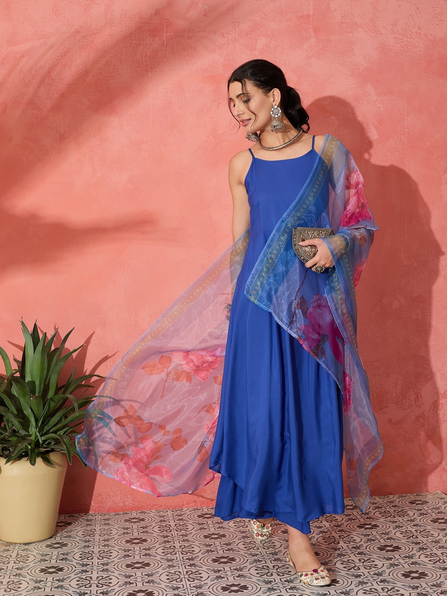InWeave Strappy Ink Blue With Blue Fuchsia Floral Organza Dupatta Set | Grocsy