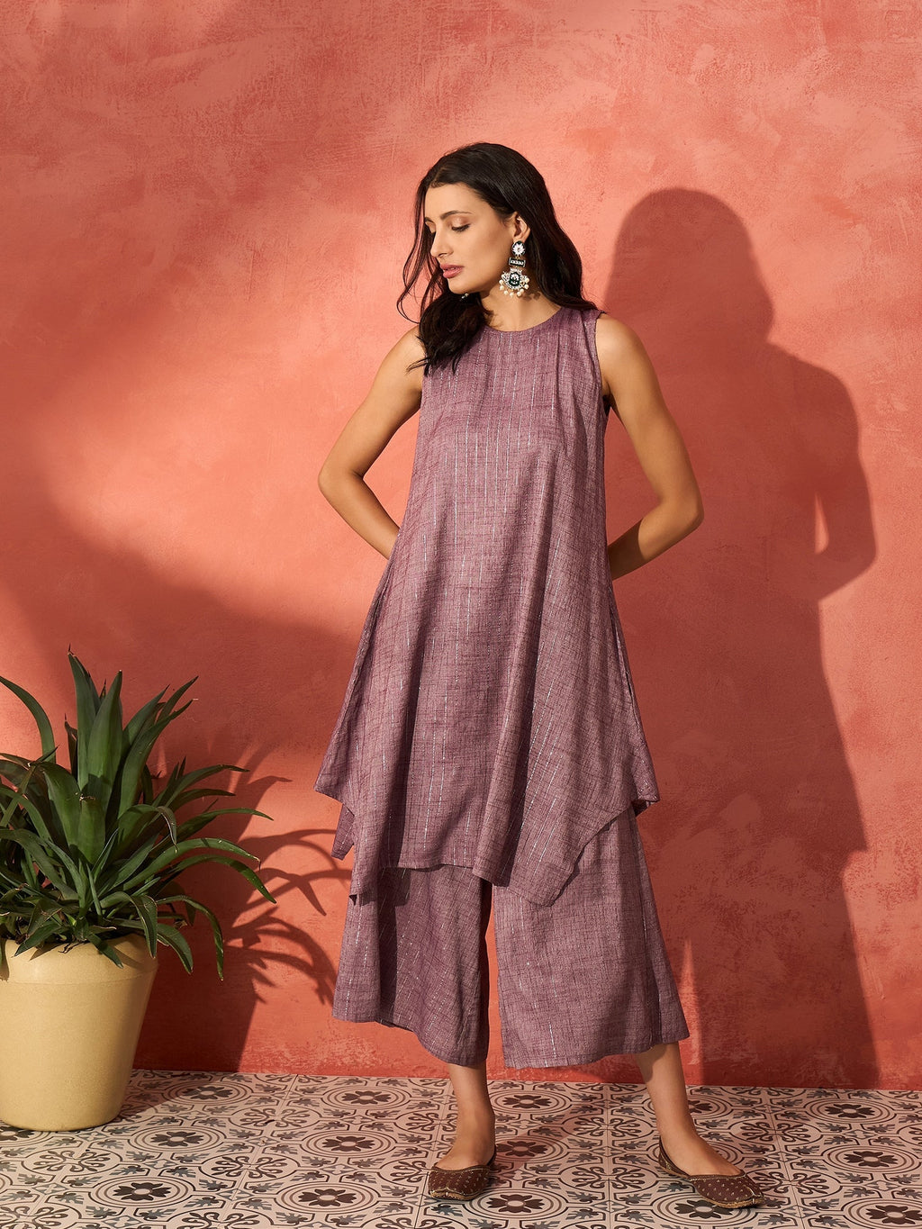 InWeave Mauve Lurex Short Palazzo Kurta Set | Grocsy