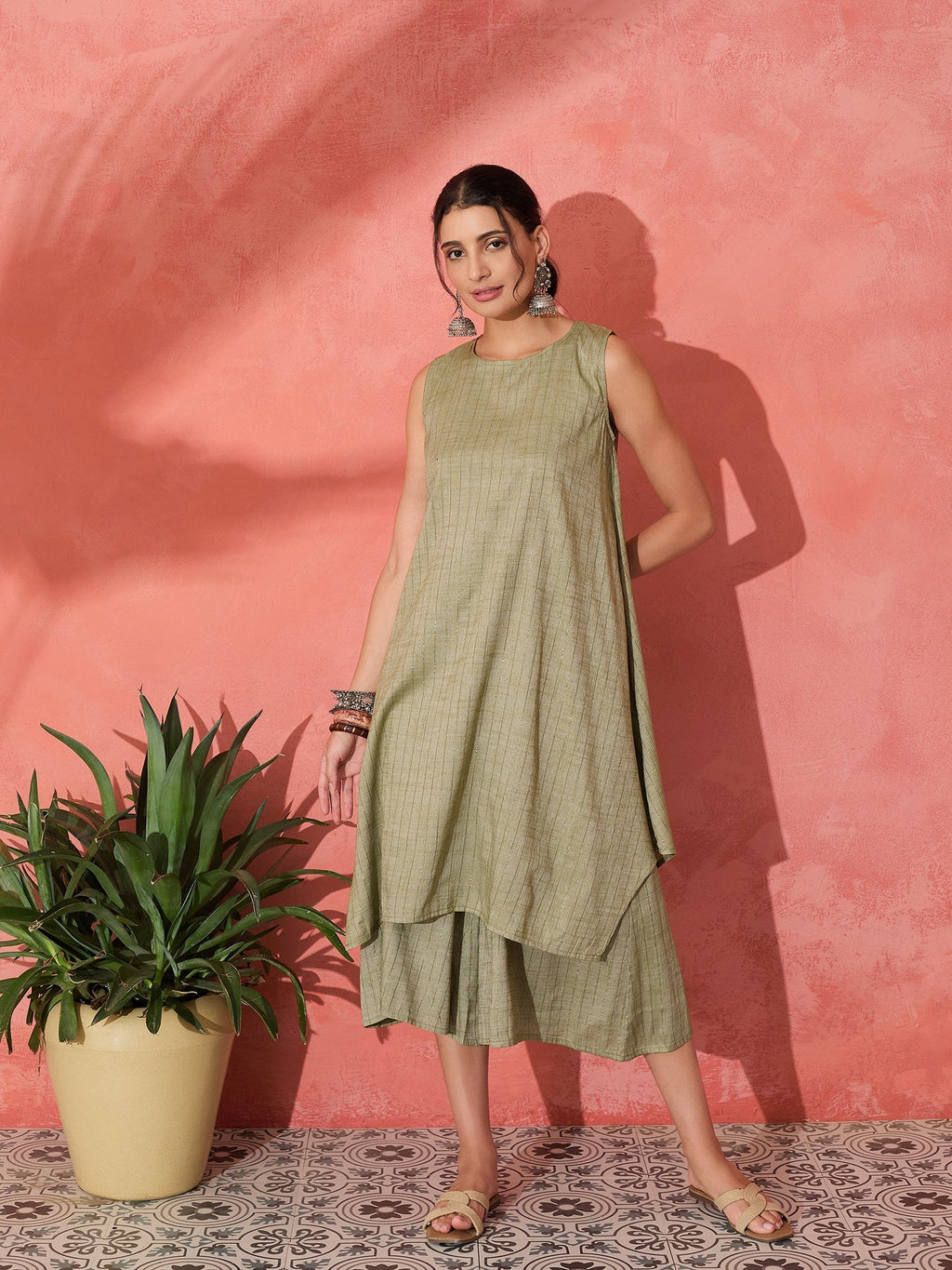 InWeave Olive Lurex Short Palazzo Kurta Set | Grocsy