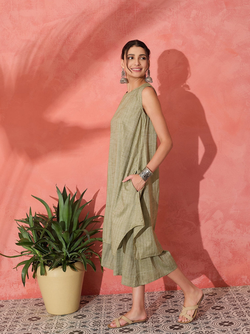 InWeave Olive Lurex Short Palazzo Kurta Set | Grocsy