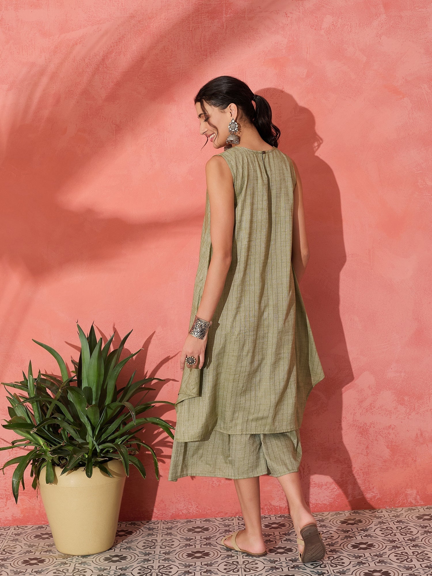 InWeave Olive Lurex Short Palazzo Kurta Set | Grocsy
