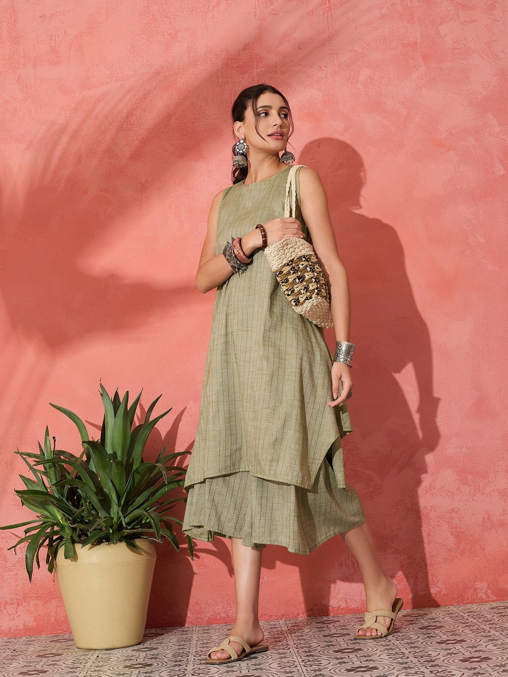InWeave Olive Lurex Short Palazzo Kurta Set | Grocsy