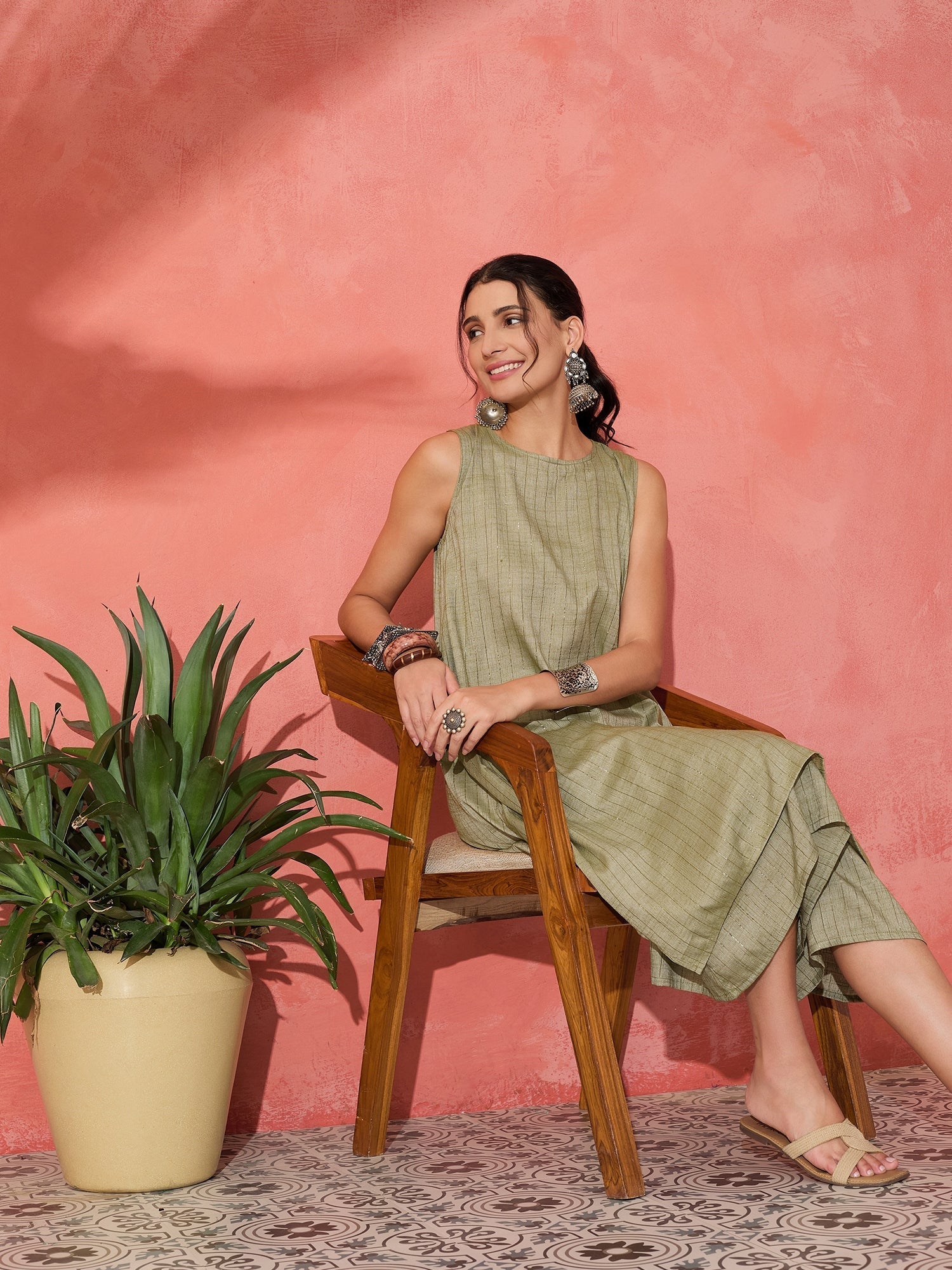 InWeave Olive Lurex Short Palazzo Kurta Set | Grocsy