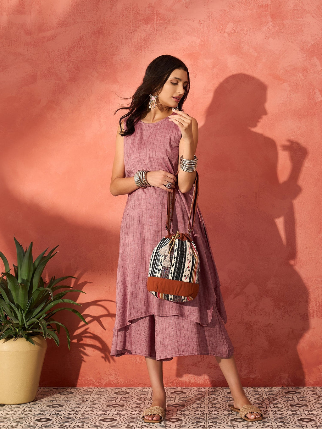 InWeave Wine Lurex Short Palazzo Kurta Set | Grocsy