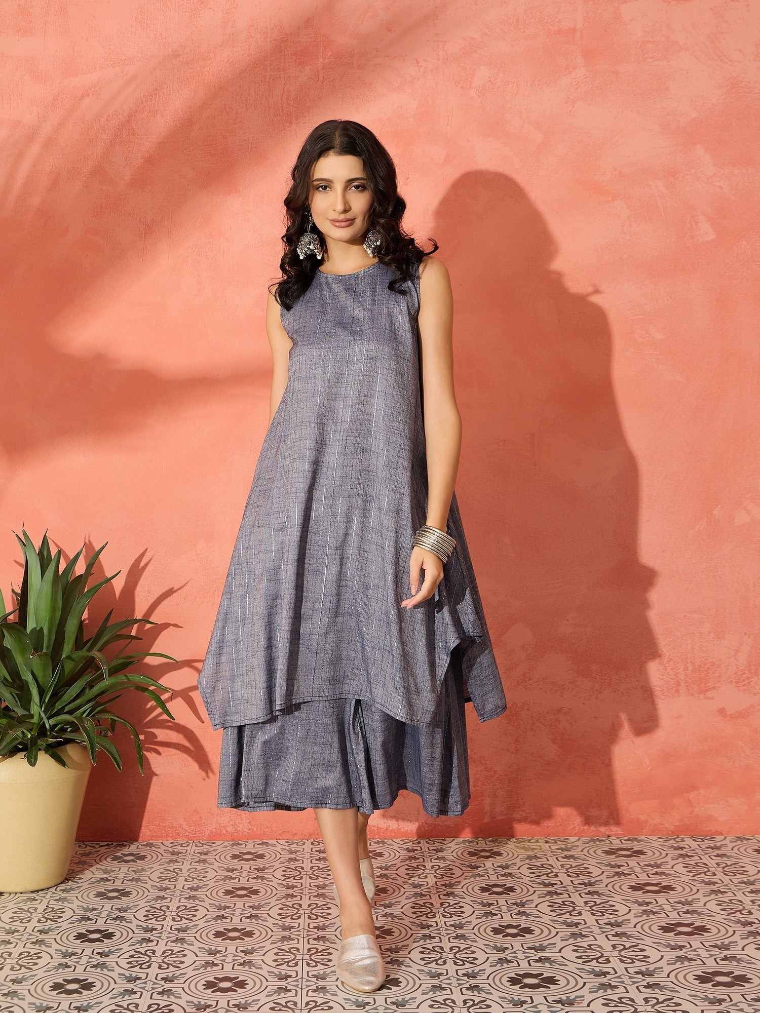 InWeave Blue Lurex Short Palazzo Kurta Set | Grocsy