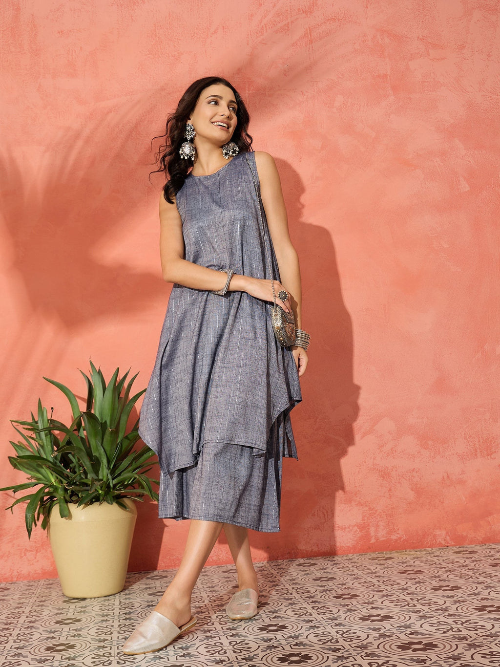 InWeave Blue Lurex Short Palazzo Kurta Set | Grocsy