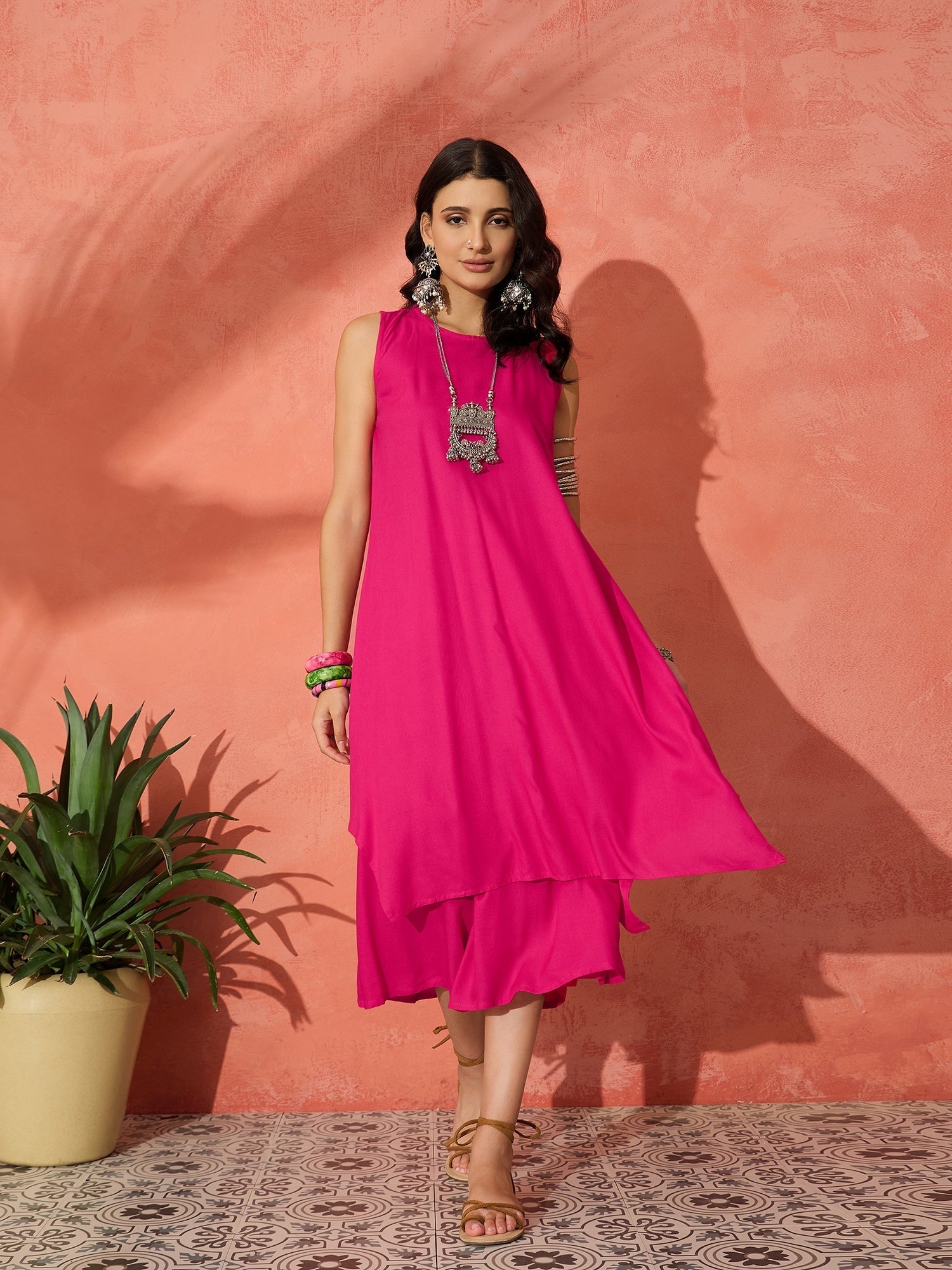 InWeave Fuchsia Short Kurta Palazzo Set | Grocsy