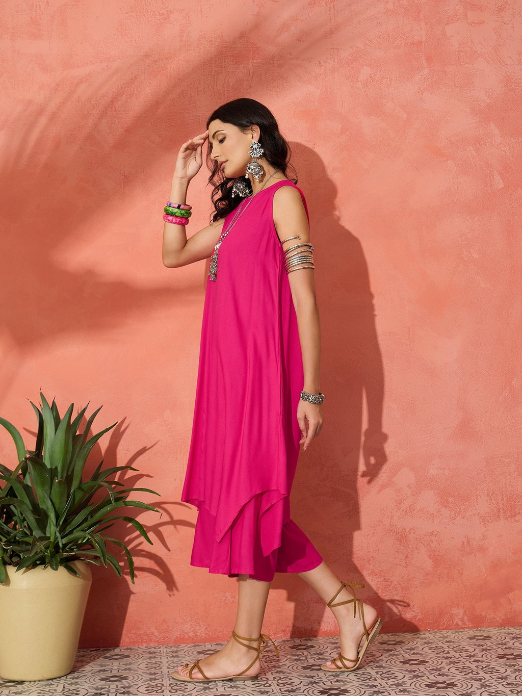 InWeave Fuchsia Short Kurta Palazzo Set | Grocsy