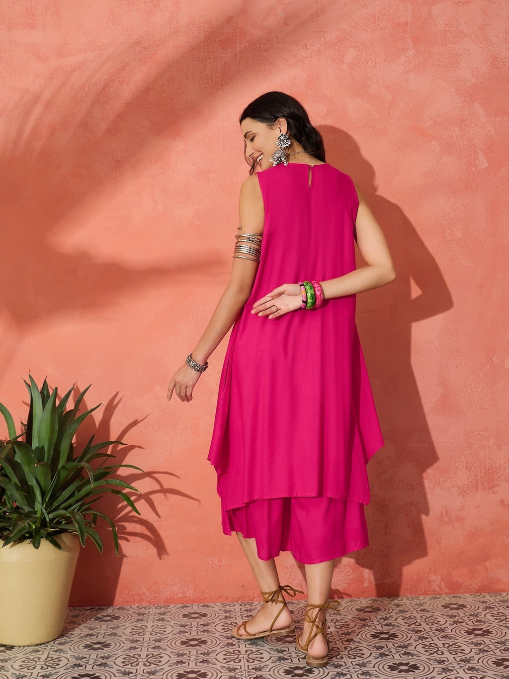 InWeave Fuchsia Short Kurta Palazzo Set | Grocsy