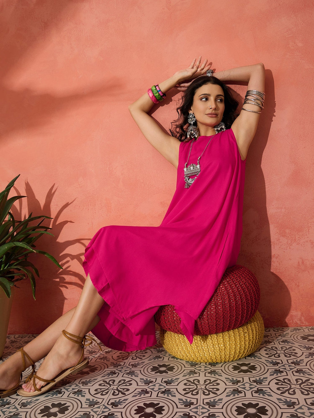 InWeave Fuchsia Short Kurta Palazzo Set | Grocsy