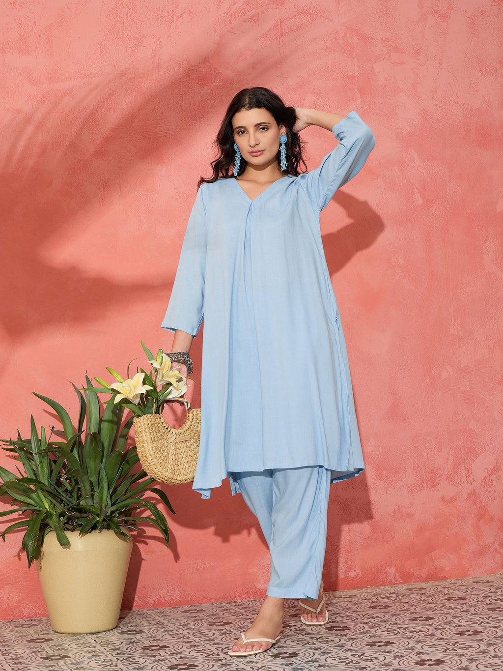 InWeave Pastel Blue Solid V Neck Kurta Pant Set | Grocsy