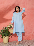 InWeave Pastel Blue Solid V Neck Kurta Pant Set | Grocsy