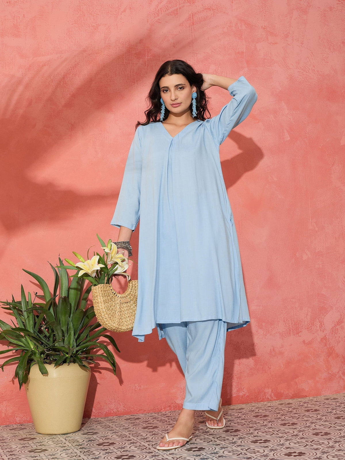 InWeave Pastel Blue Solid V Neck Kurta Pant Set | Grocsy
