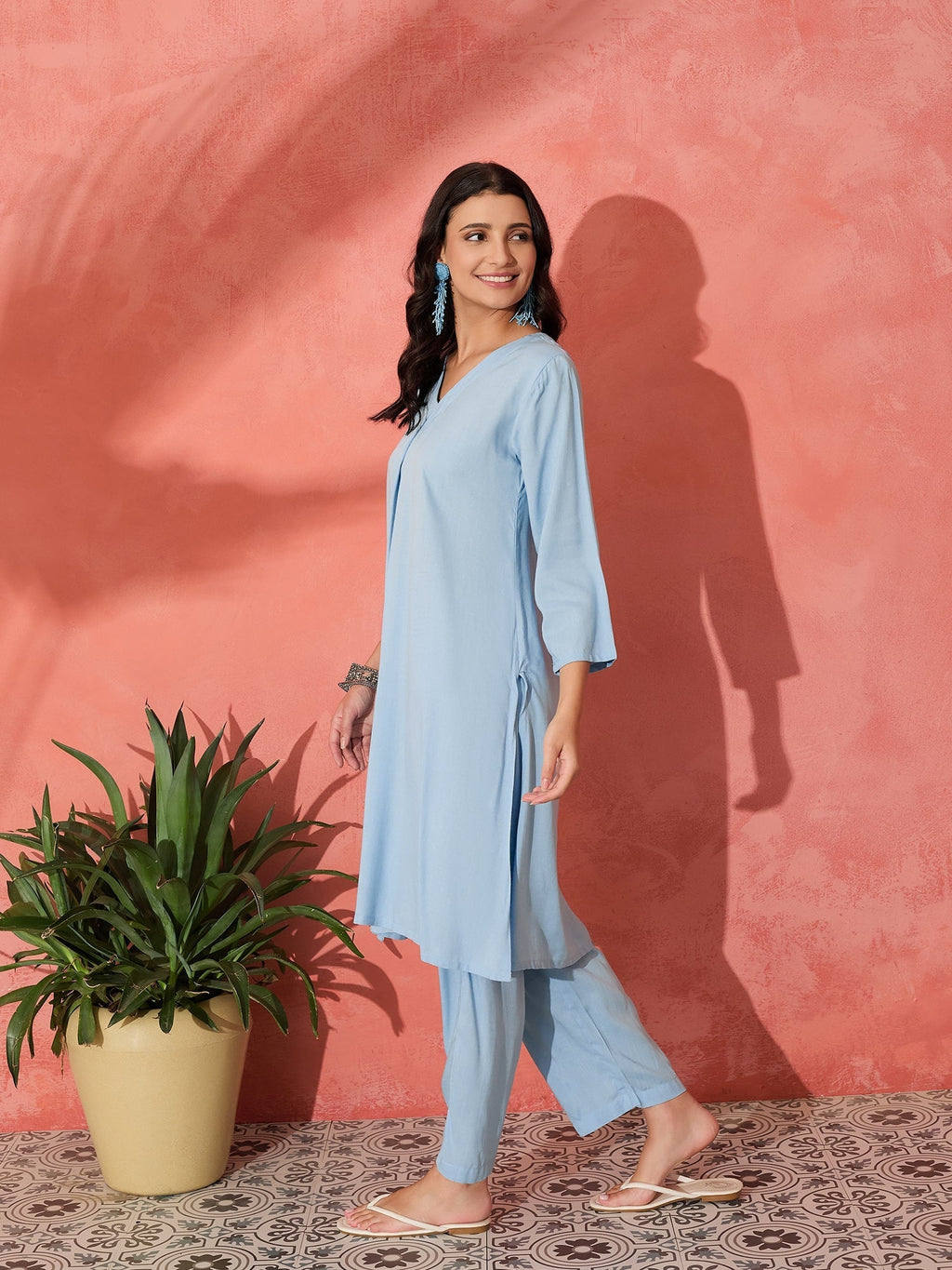 InWeave Pastel Blue Solid V Neck Kurta Pant Set | Grocsy