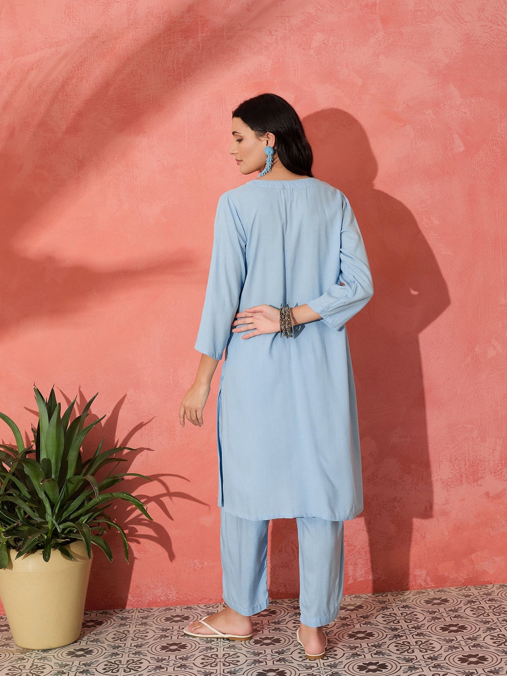 InWeave Pastel Blue Solid V Neck Kurta Pant Set | Grocsy