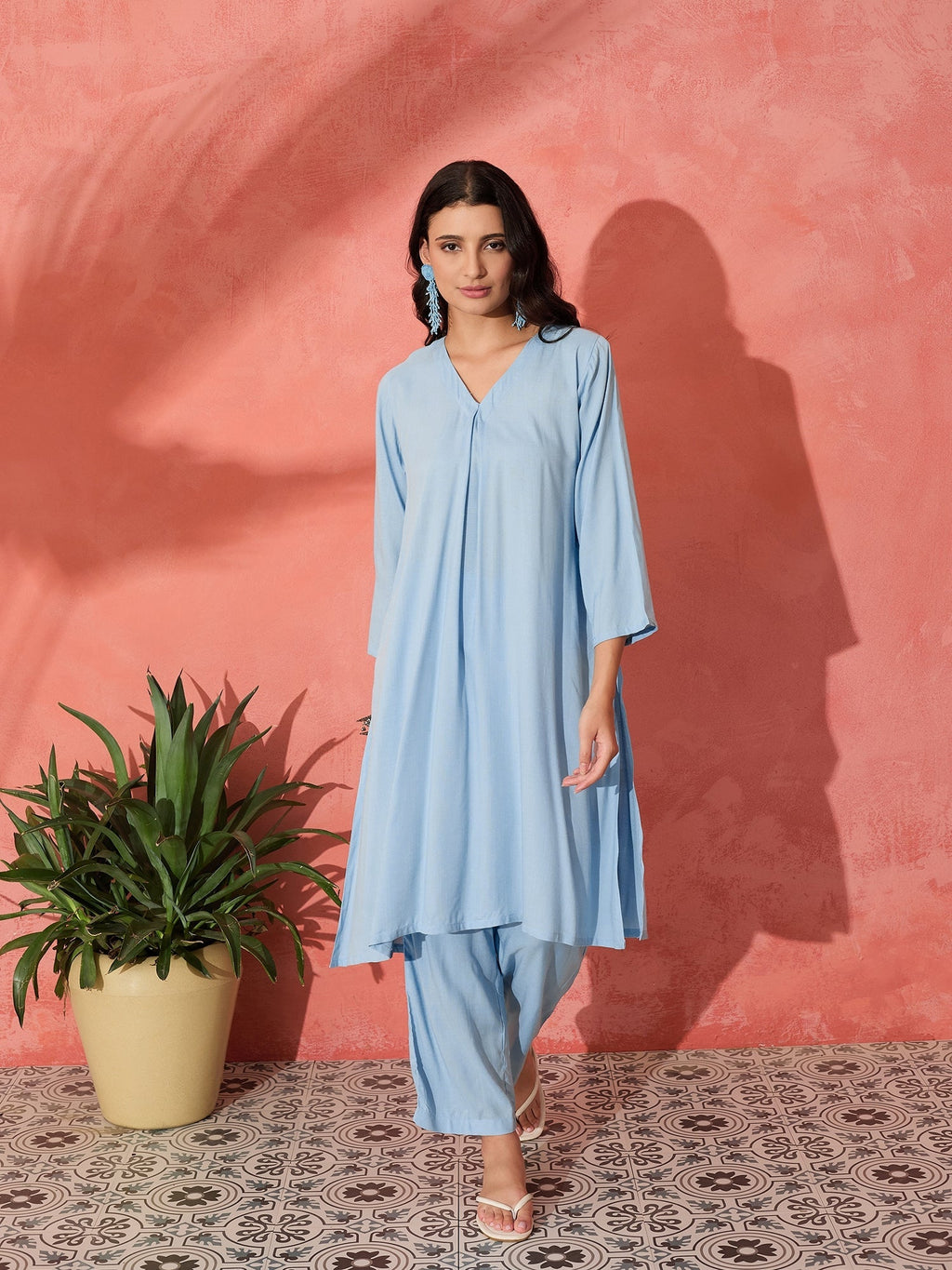 InWeave Pastel Blue Solid V Neck Kurta Pant Set | Grocsy