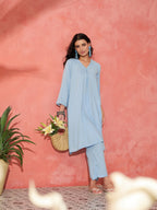 InWeave Pastel Blue Solid V Neck Kurta Pant Set | Grocsy