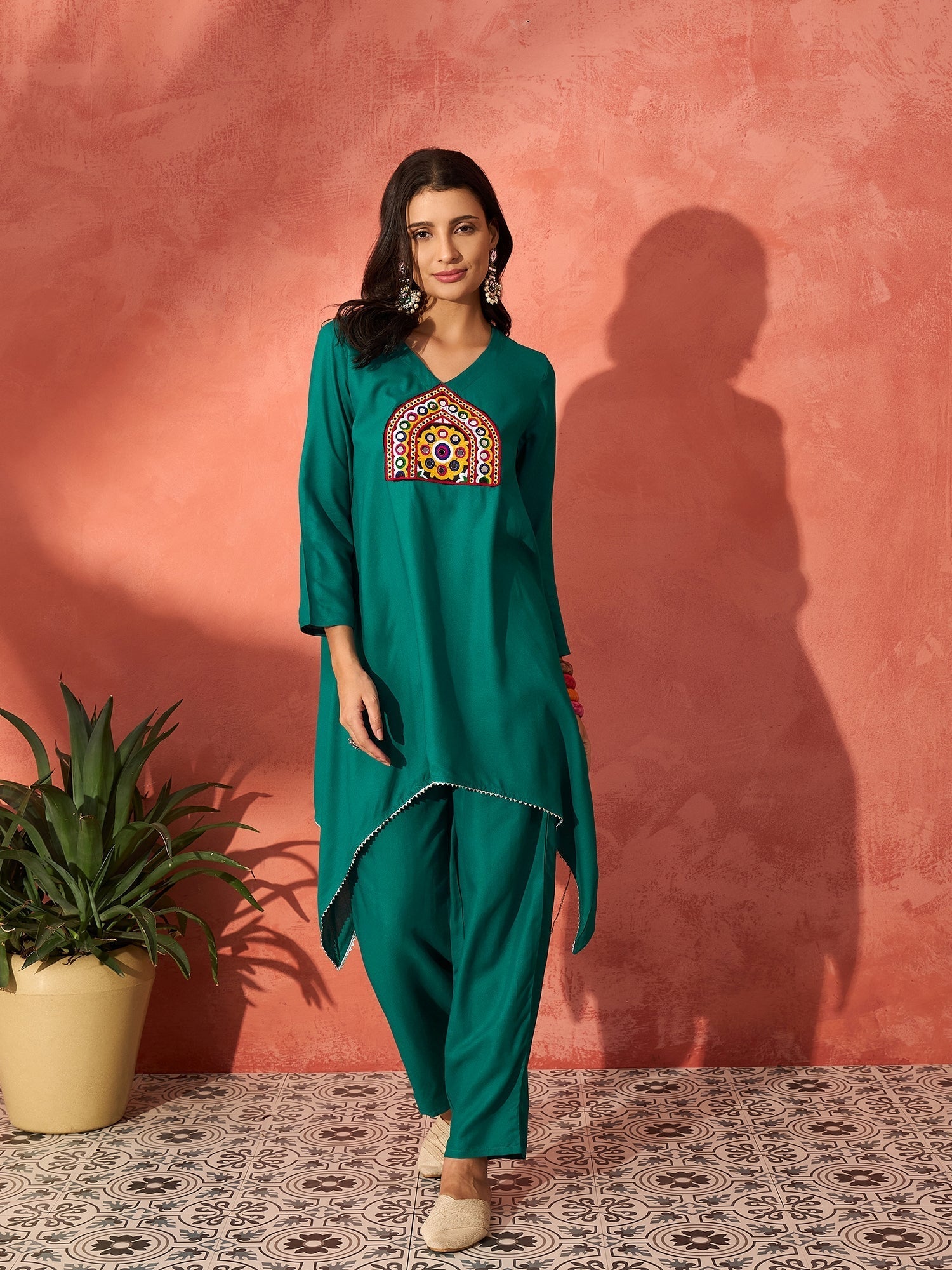 InWeave Teal Triangle Patch Kurta Set | Grocsy