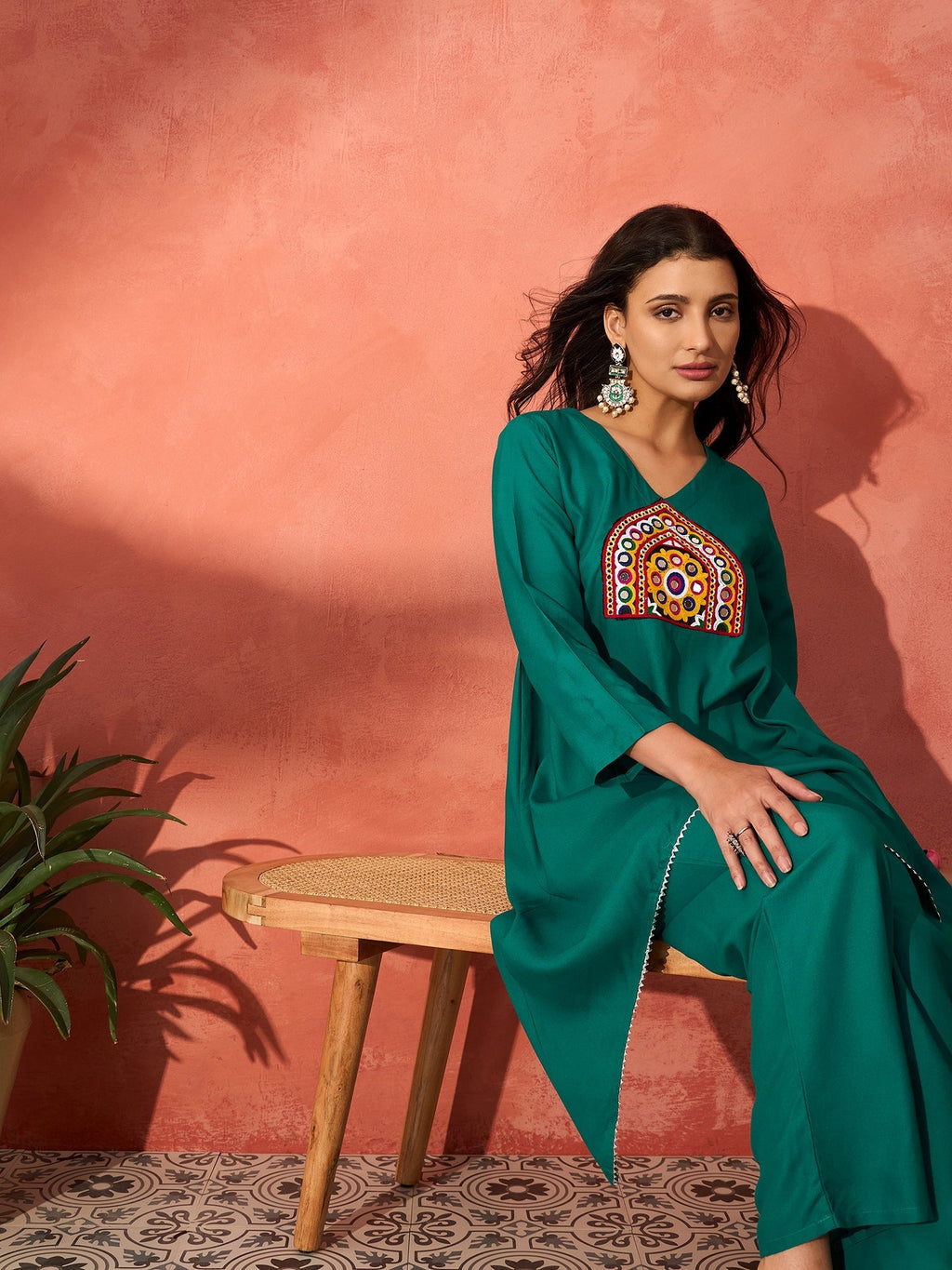 InWeave Teal Triangle Patch Kurta Set | Grocsy