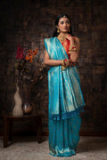 Vardha Azure Blue Golden Zari Kanjeevaram Silk Saree | Grocsy
