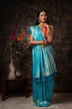 Vardha Azure Blue Golden Zari Kanjeevaram Silk Saree | Grocsy