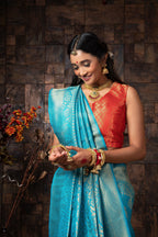 Vardha Azure Blue Golden Zari Kanjeevaram Silk Saree | Grocsy