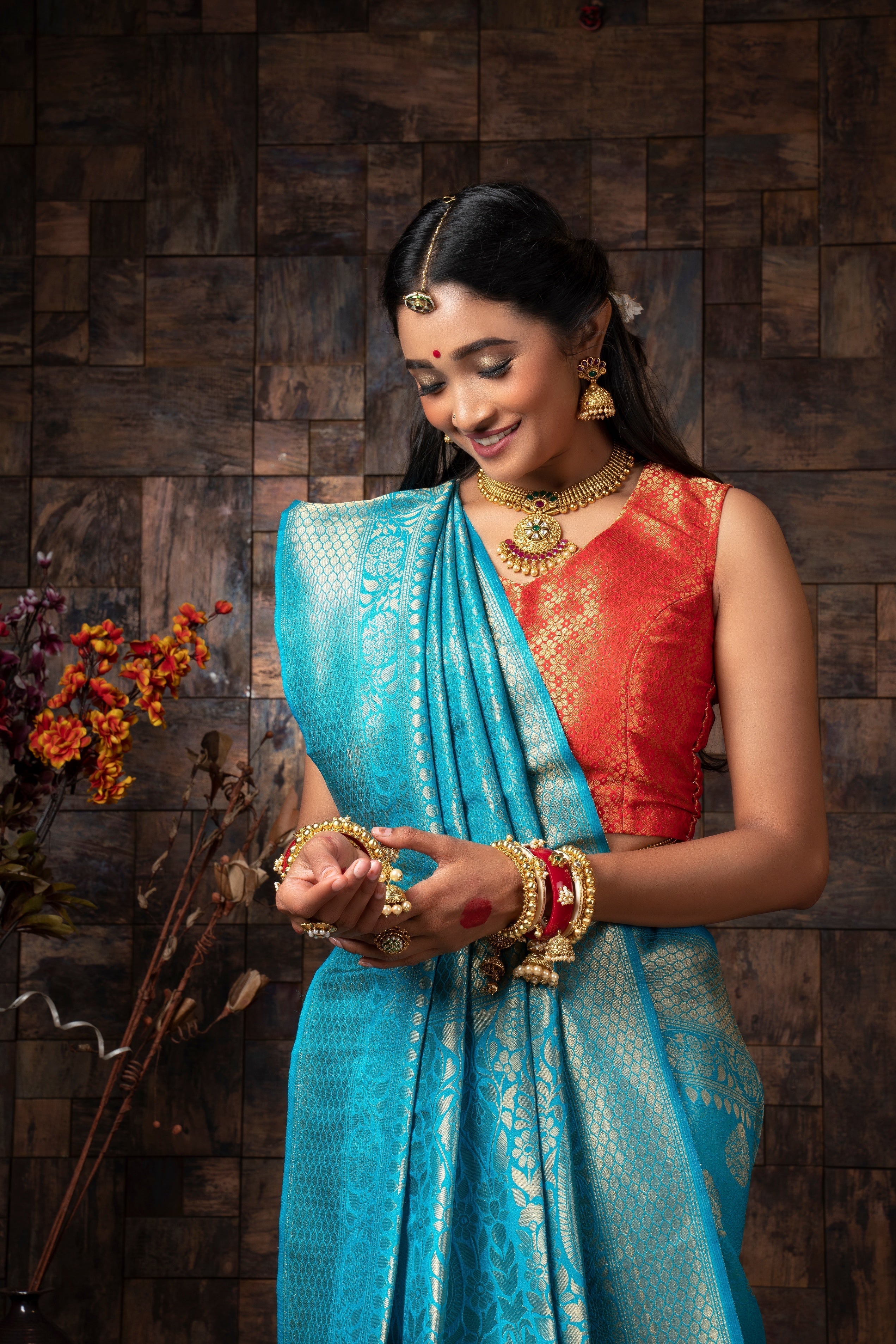 Vardha Azure Blue Golden Zari Kanjeevaram Silk Saree | Grocsy