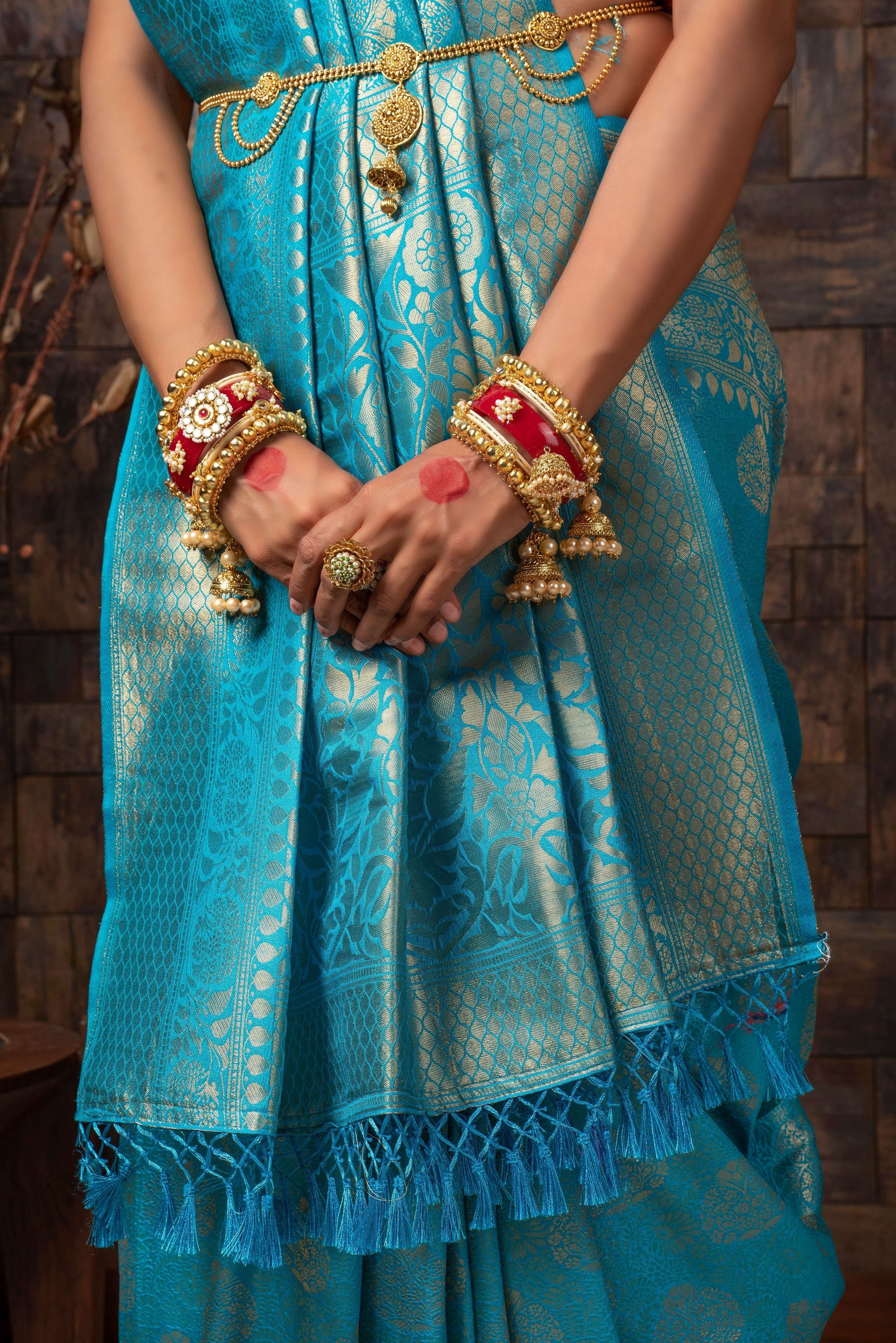 Vardha Azure Blue Golden Zari Kanjeevaram Silk Saree | Grocsy