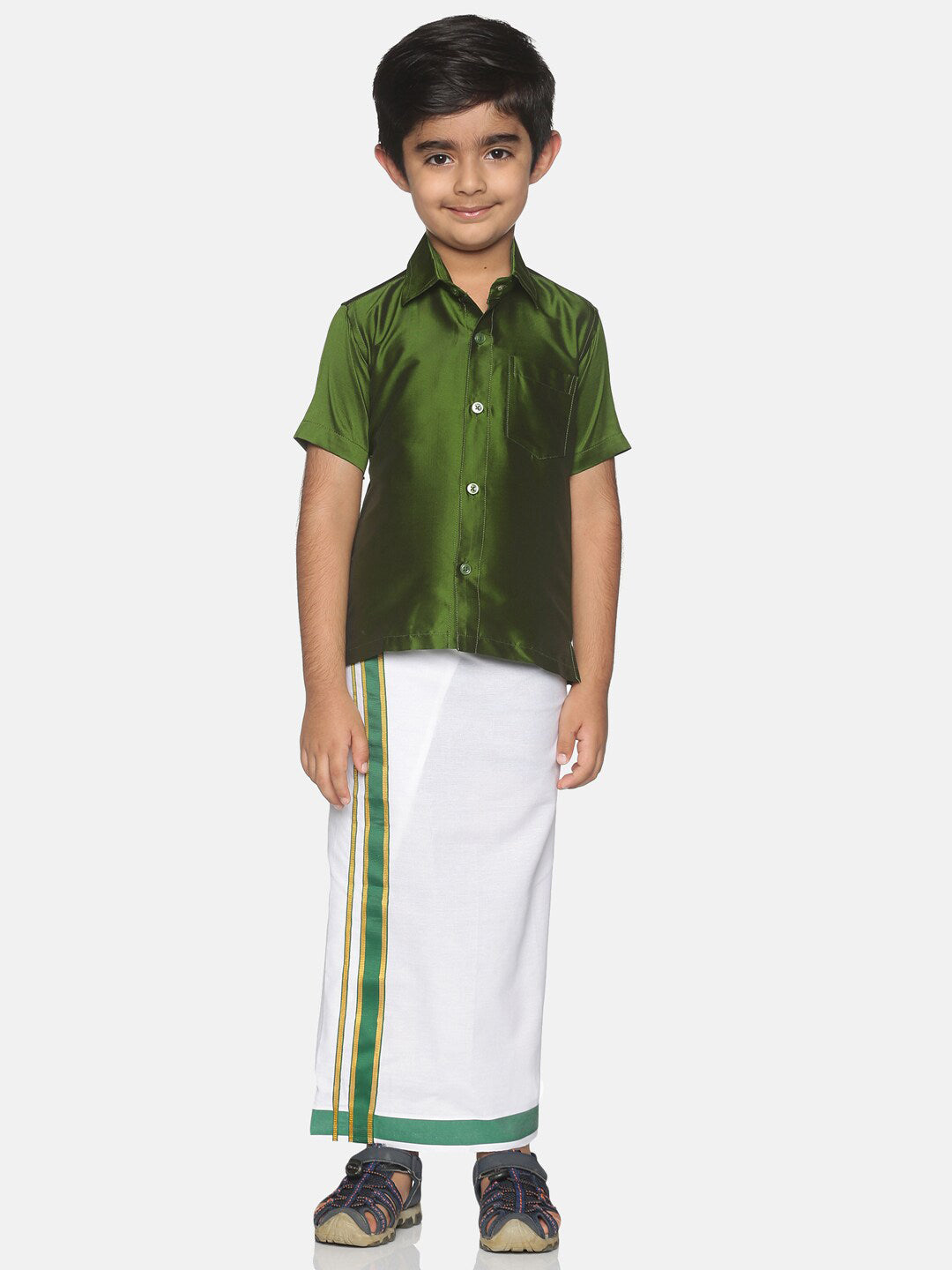 Sethukrishna Boys Olive Green & White Solid Shirt and Veshti Set | Grocsy