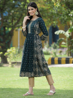 Juniper Green Rayon Festive Wear Printed Flared Kurta | Grocsy