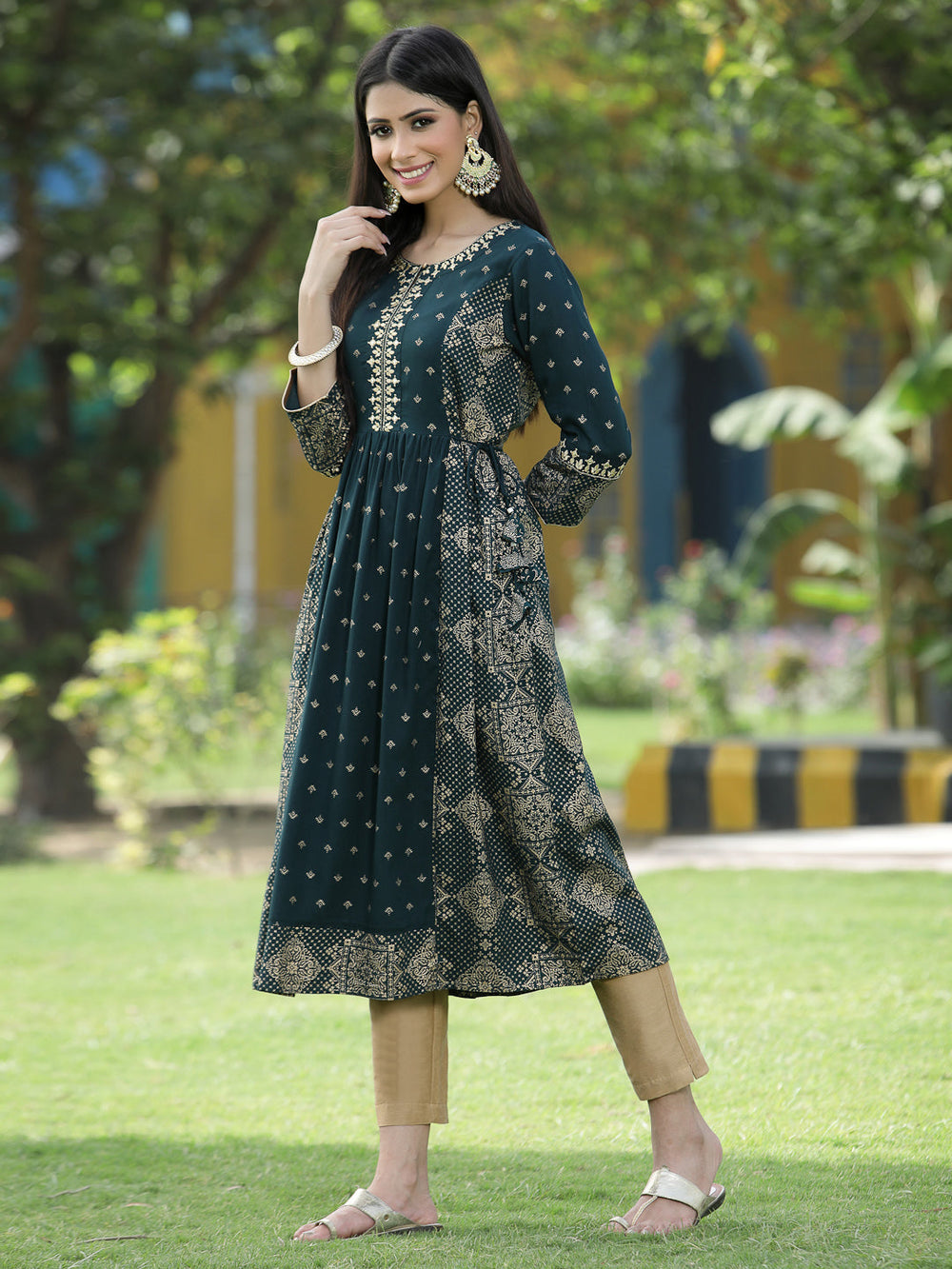 Juniper Green Rayon Festive Wear Printed Flared Kurta | Grocsy