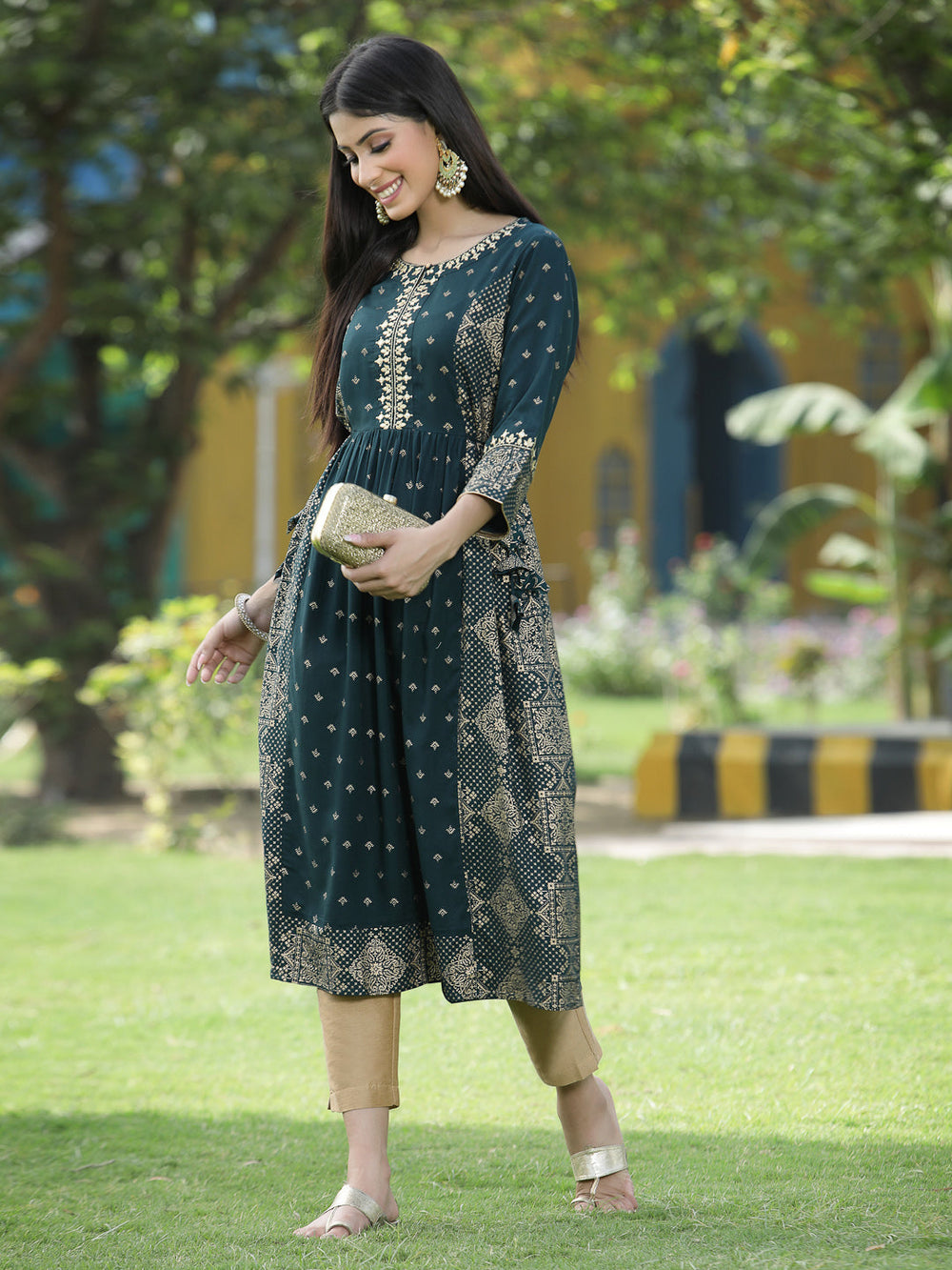 Juniper Green Rayon Festive Wear Printed Flared Kurta | Grocsy