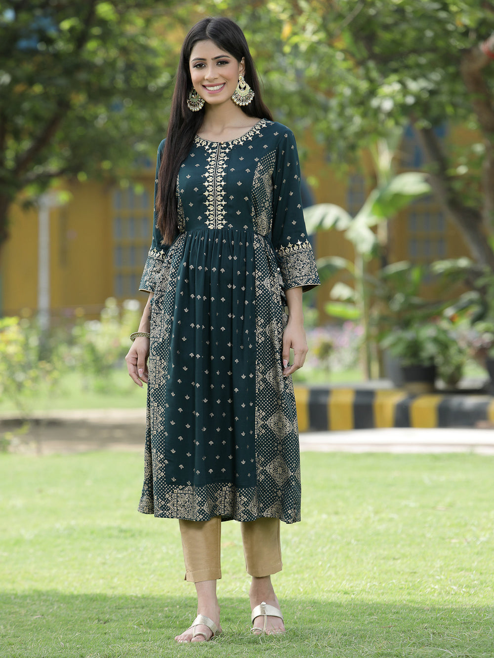 Juniper Green Rayon Festive Wear Printed Flared Kurta | Grocsy