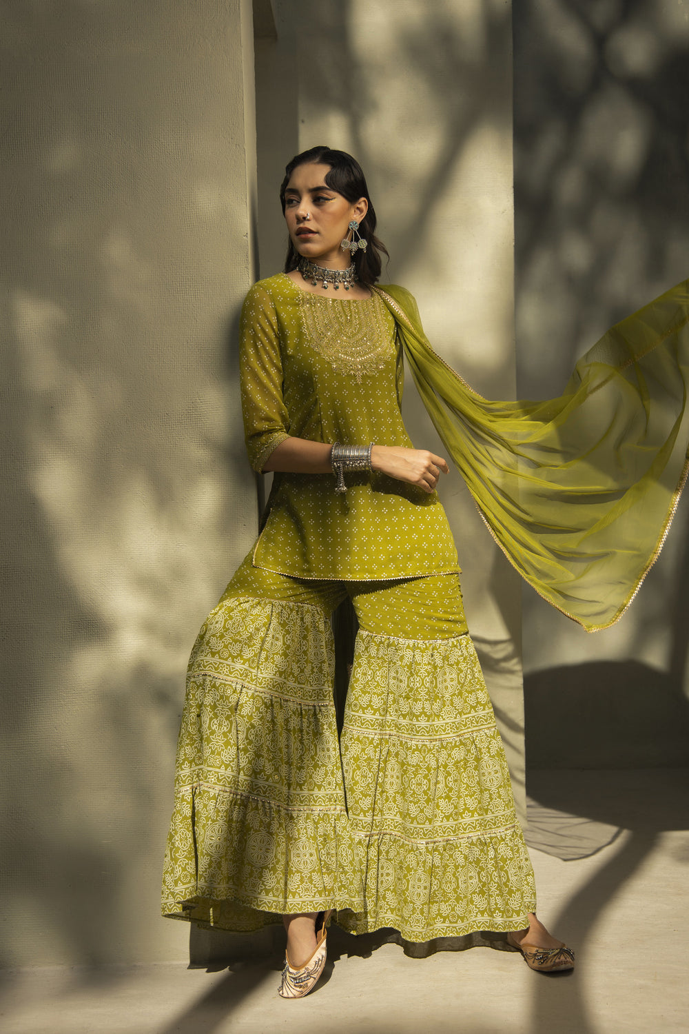 Juniper Green Georgette Festive Embroidered Printed Straight Skd For Women | Grocsy