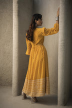 Juniper Mustard Georgette Festive Khadi Print Flared Dress For Women | Grocsy