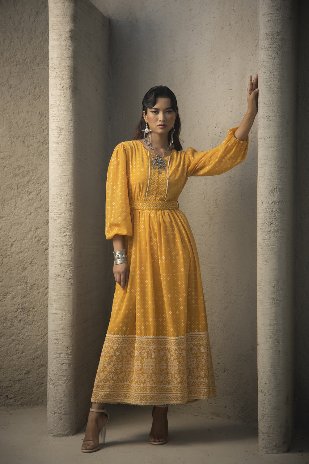 Juniper Mustard Georgette Festive Khadi Print Flared Dress For Women | Grocsy