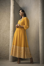 Juniper Mustard Georgette Festive Khadi Print Flared Dress For Women | Grocsy
