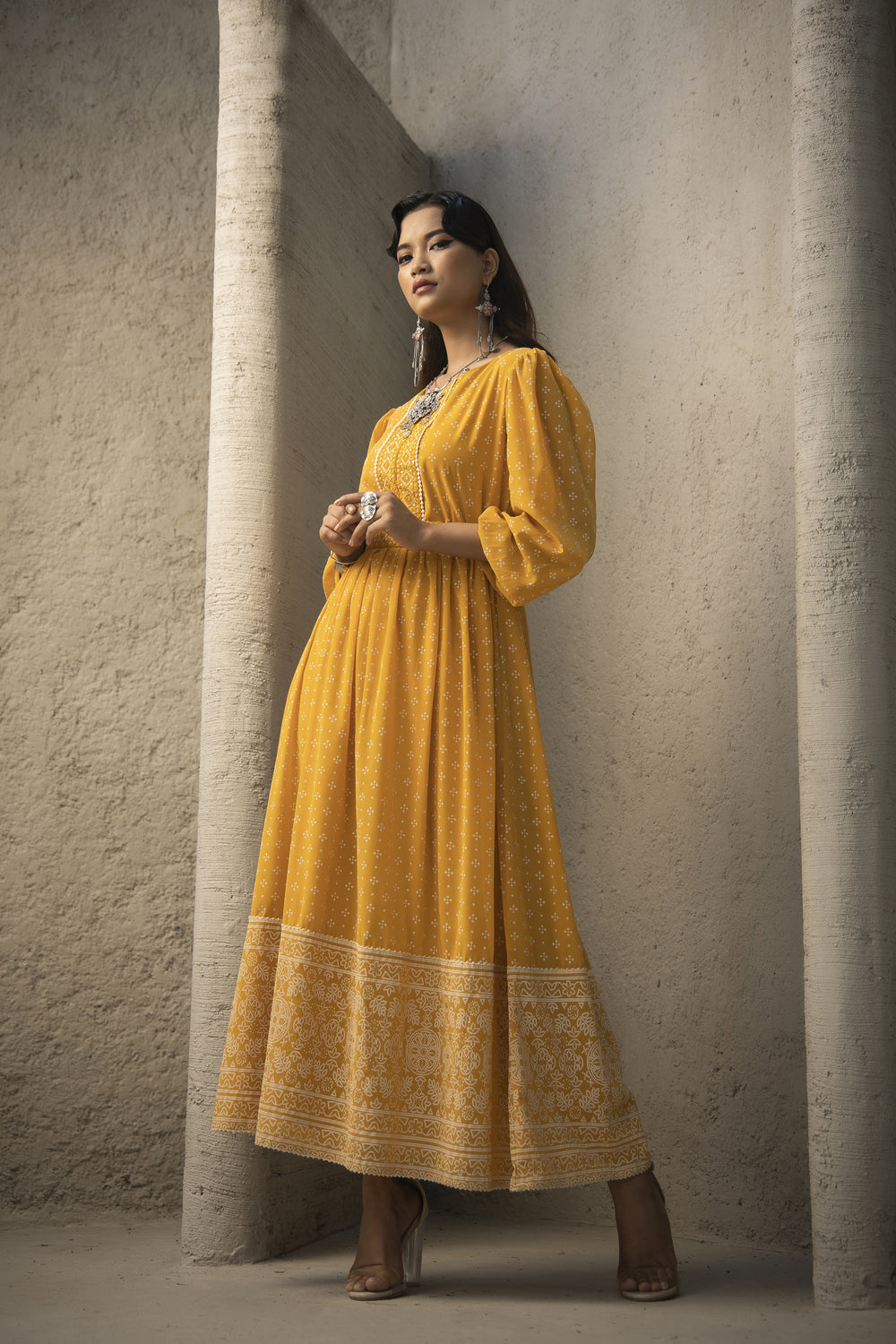 Juniper Mustard Georgette Festive Khadi Print Flared Dress For Women | Grocsy