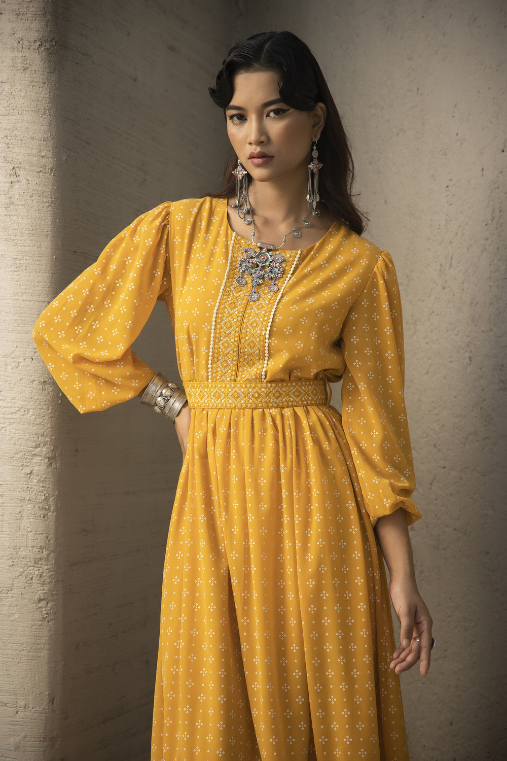 Juniper Mustard Georgette Festive Khadi Print Flared Dress For Women | Grocsy