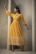 Juniper Mustard Georgette Festive Khadi Print Flared Dress For Women | Grocsy