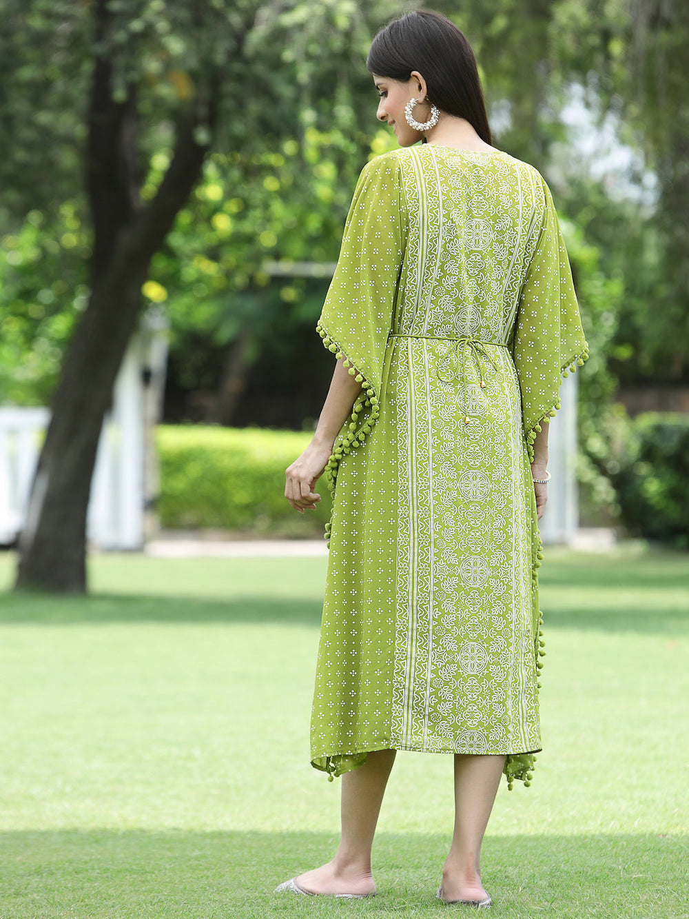 Indian Clothing Juniper Green Georgette Festive Bandhej Printed Straight Kaftan For Women | Grocsy