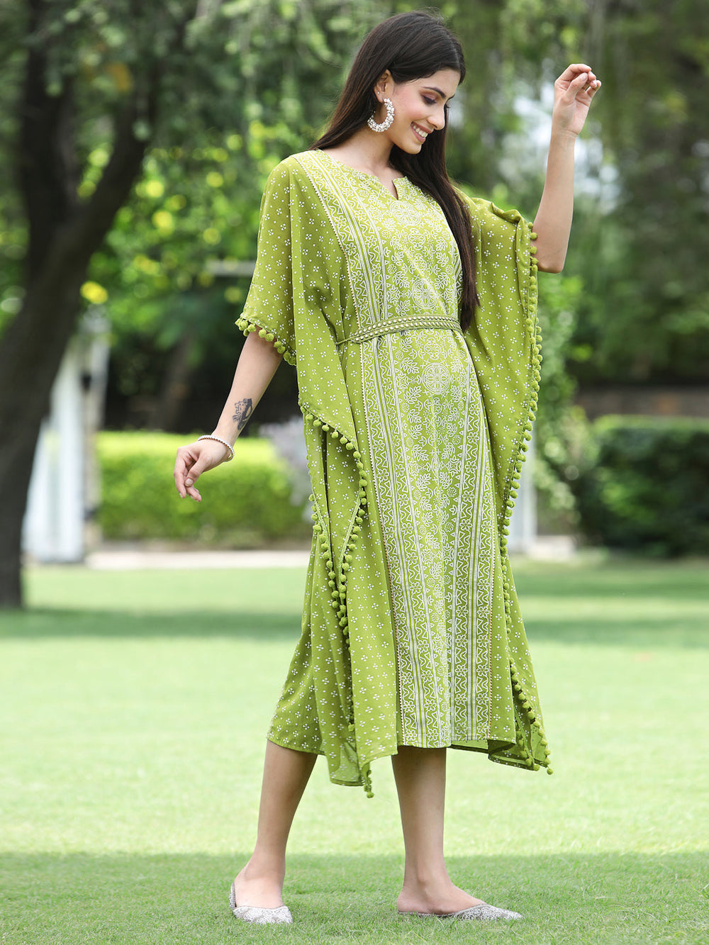 Indian Clothing Juniper Green Georgette Festive Bandhej Printed Straight Kaftan For Women | Grocsy