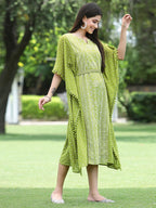 Indian Clothing Juniper Green Georgette Festive Bandhej Printed Straight Kaftan For Women | Grocsy