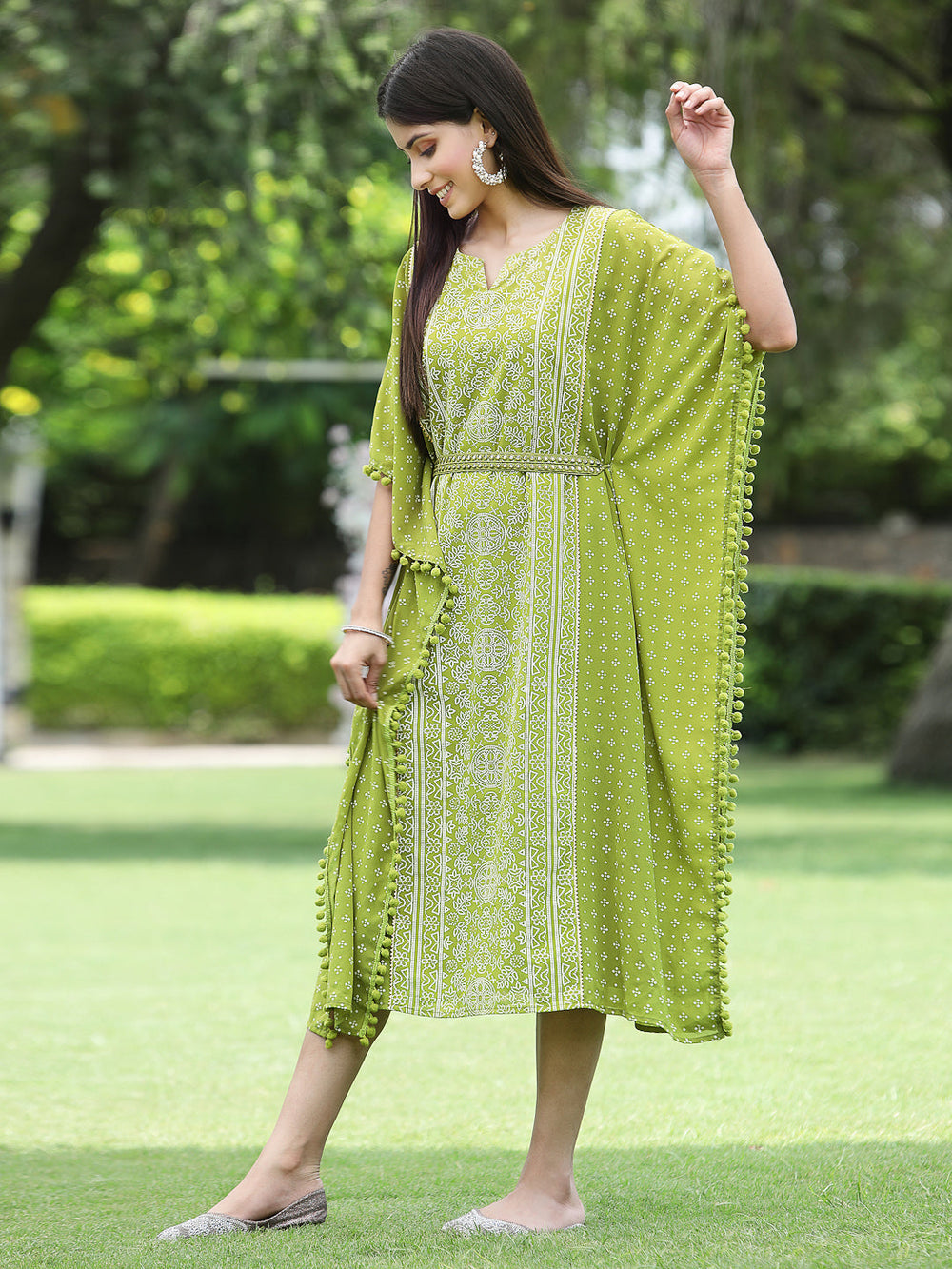 Indian Clothing Juniper Green Georgette Festive Bandhej Printed Straight Kaftan For Women | Grocsy