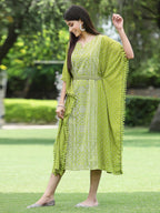 Indian Clothing Juniper Green Georgette Festive Bandhej Printed Straight Kaftan For Women | Grocsy