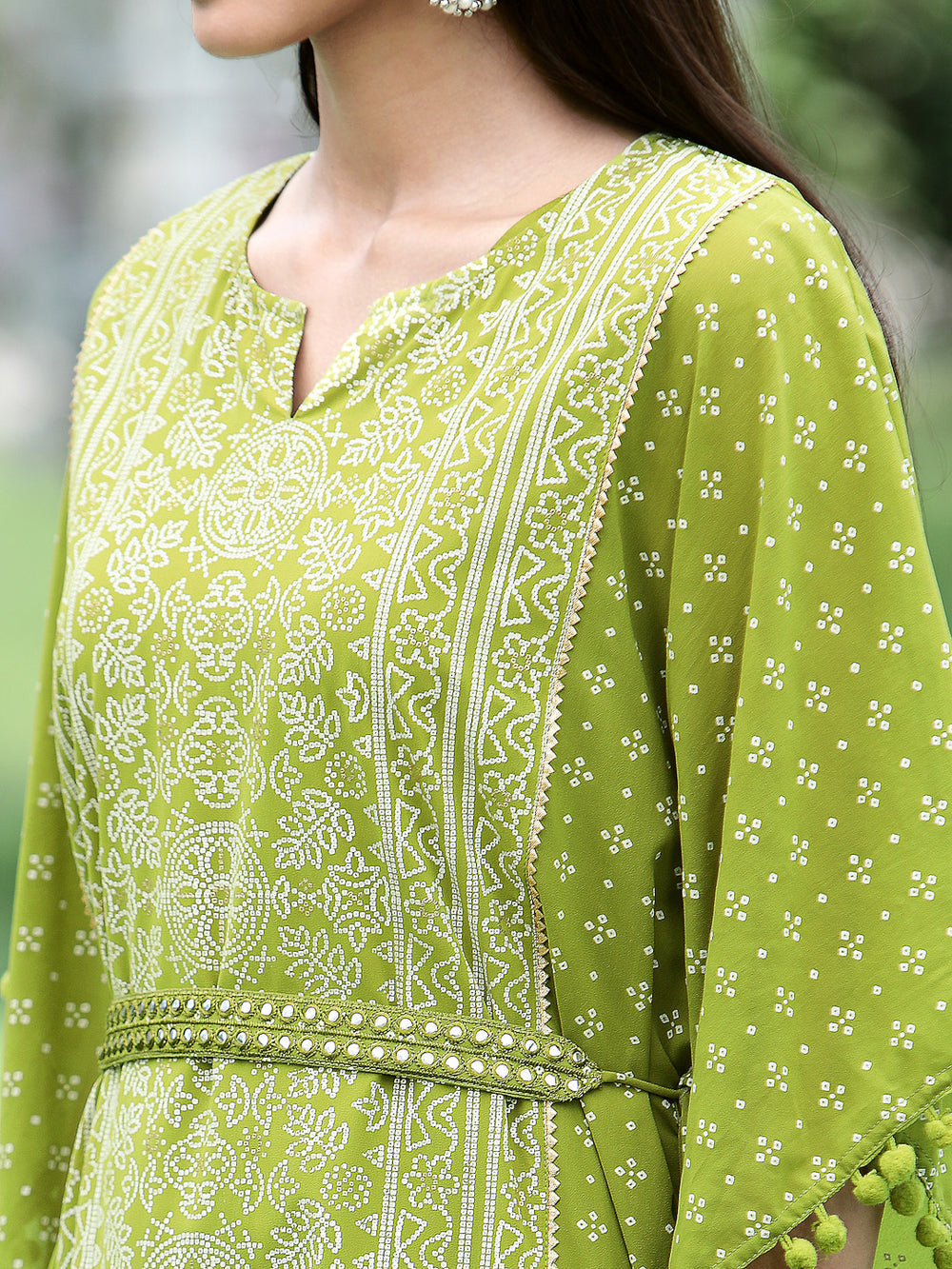 Indian Clothing Juniper Green Georgette Festive Bandhej Printed Straight Kaftan For Women | Grocsy