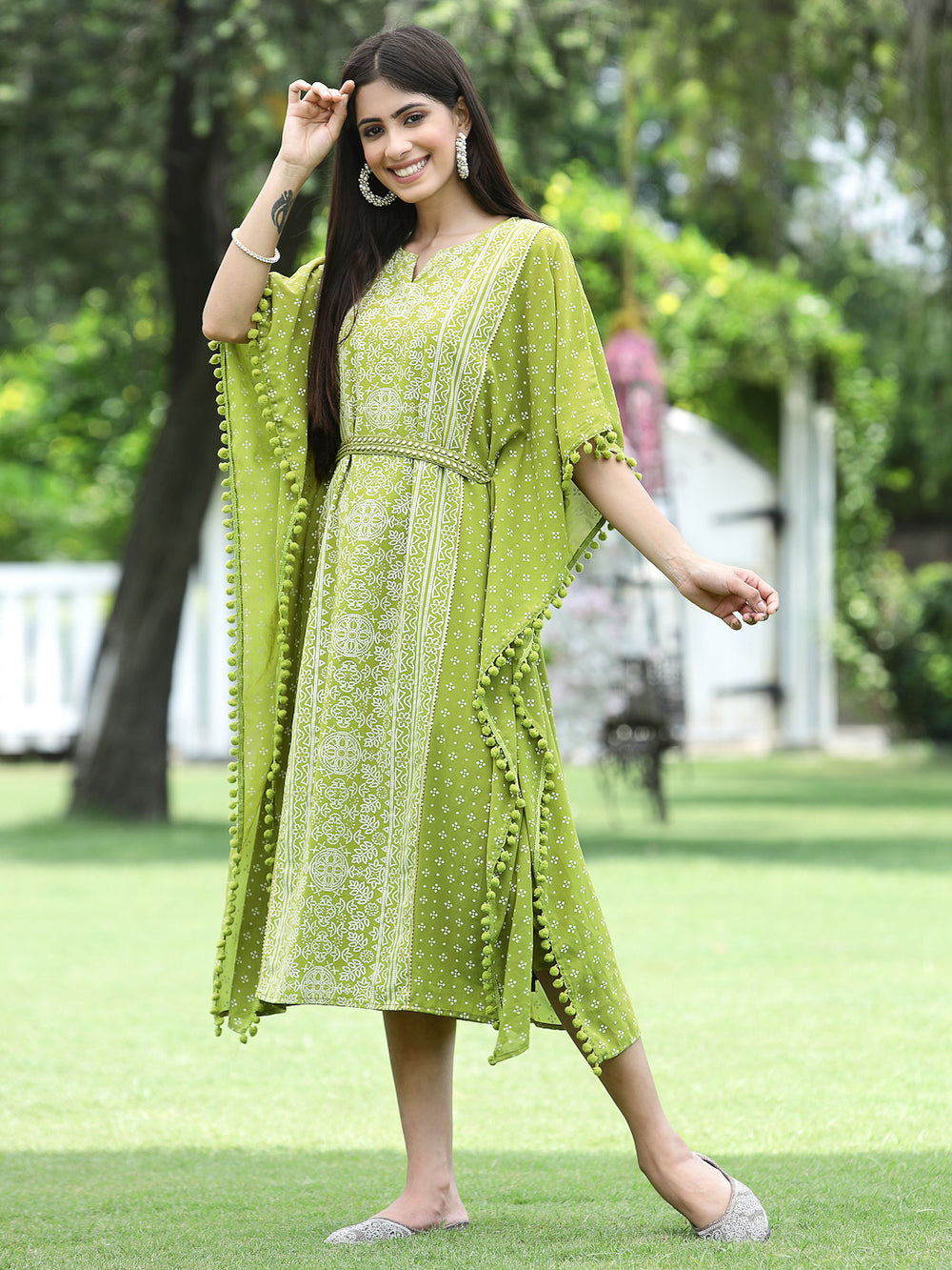 Indian Clothing Juniper Green Georgette Festive Bandhej Printed Straight Kaftan For Women | Grocsy