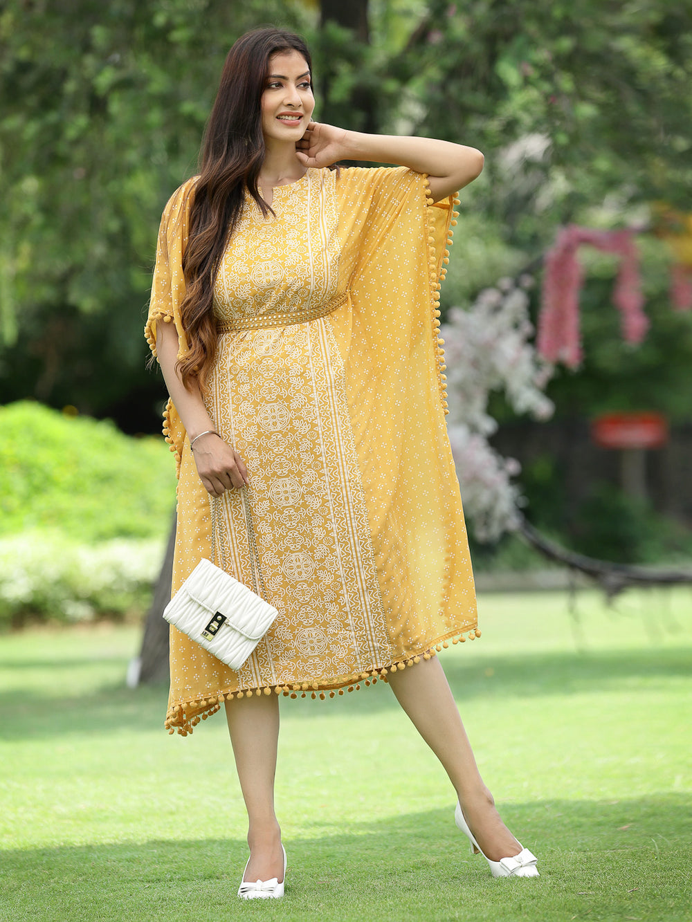 Juniper Mustard Georgette Festive Bandhej Printed Straight Kaftan For Women | Grocsy
