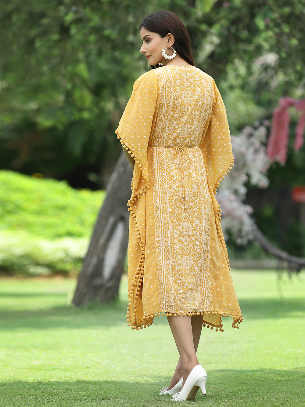 Juniper Mustard Georgette Festive Bandhej Printed Straight Kaftan For Women | Grocsy